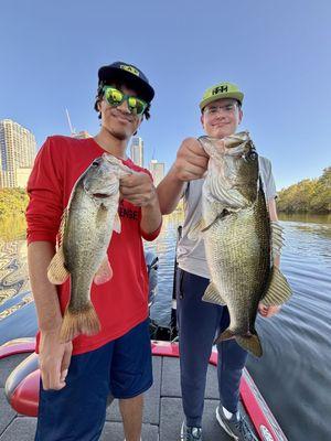 My kiddo is on the right. Awesome bass on Lady Bird Lake in the middle of Austin, TX.