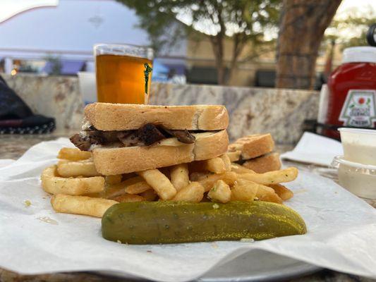 Bull Penni with fries and a beer