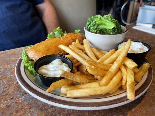 Fish and chips with beer battered fries and steamed broccoli for the sides. All dressings are made in house.