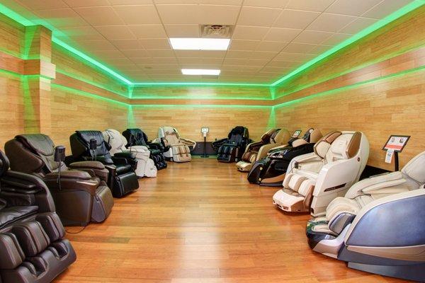 Massage room, chairs curated from around the world