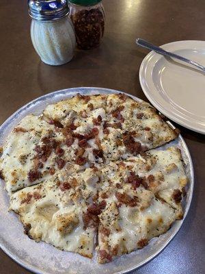 Chicken Bacon Ranch individual thin crust pizza.