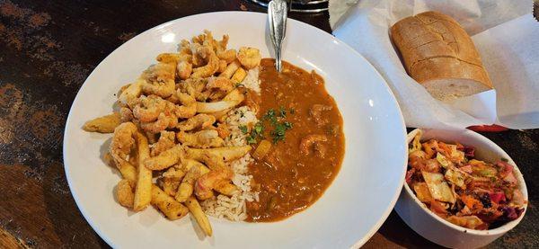 1/2 Crawfish Étouffée , 1/2 Fried Crawfish, salty, vinegared slaw