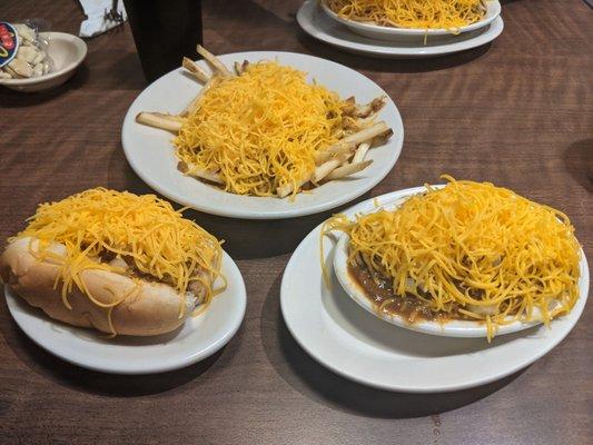 Cheese Coney...chilli cheese fries...small 5 way. So much cheese... delicious!