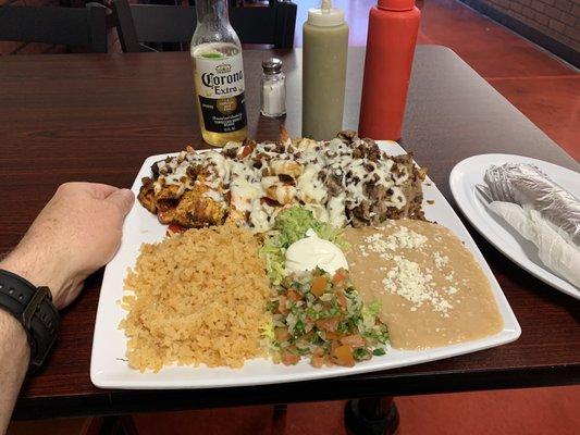 Steak Asada, Shrimp, Super with Chicken, Rice & Beans with Guacamole and Sour Creme