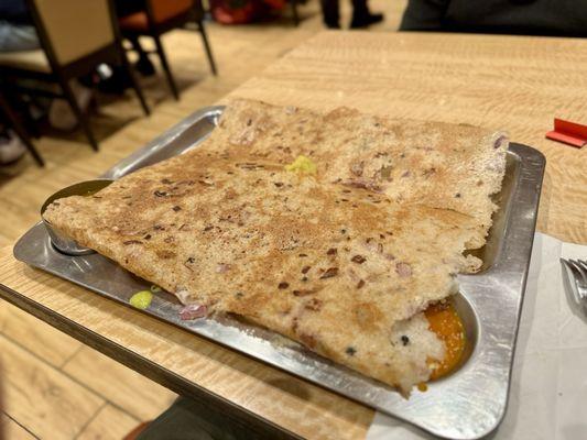 Onion Rava Masala Dosa - thin crispy wheat and rice crepe, stuffed with mildly spiced mashed potatoes and onions