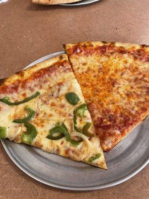 Peppers and onions pizza and plain cheese