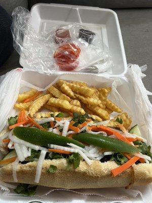 40. Beef lemongrass banh mi comes with fries too and 3 sauces for only $9!?!