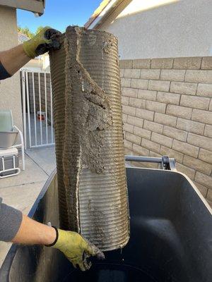 Alex cleaning off the bulky dirt from the filter elements.