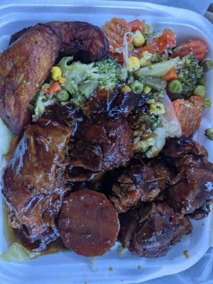 Stewed Chicken w/Mixed Vegetables, Cabbage and Plantains.