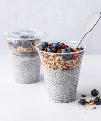 Chia Pudding is made with coconut milk, gluten free oats, goji berries, sliced almonds and fresh blueberries.  Grab and go treat!