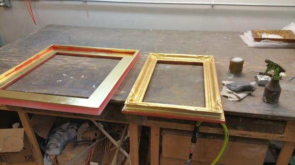 Finishing up the leafing of a couple frames. Only need to antique now!