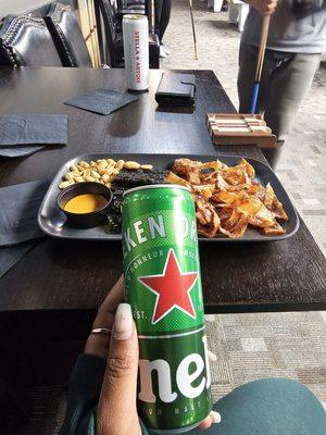 Heineken, file fish snack, seaweed chips, peanuts