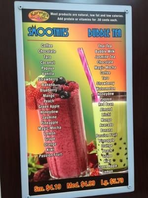 Smoothie and Bubble Tea Menu