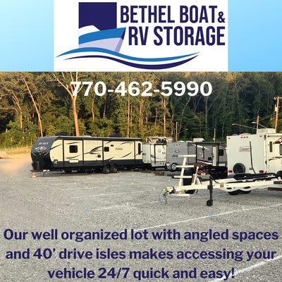 Our angled spaces and 40' wide drive isles makes parking and retrieving your vehicle 24/7 quick and easy!