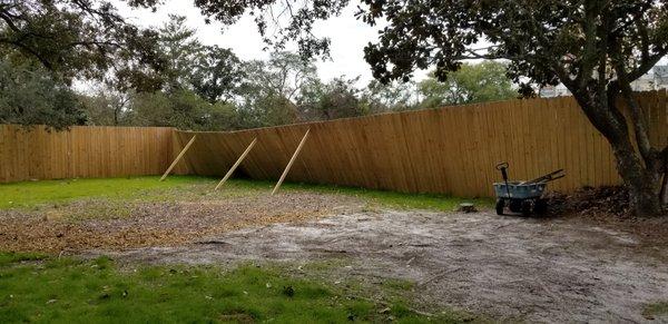 Fence was built summer of 2019. This section fell during a heavy wind storm six months later. He was going to charge $400 to fix it.