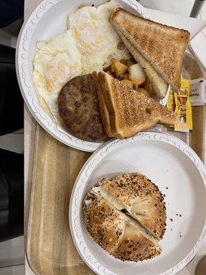 Breakfast Platter with Home Fries and Toast Bagel with Plain Cream Cheese