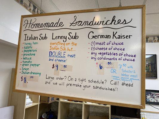 Homemade Sandwiches Menu -- on Wednesday, 24 July 2024