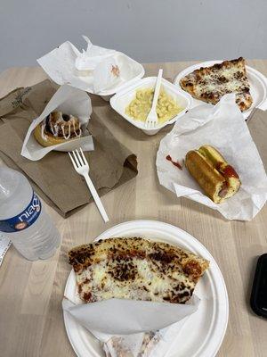 Cheese pizza, Kids Mac & Cheese, Hot Dog, Cinnamon Bun, water