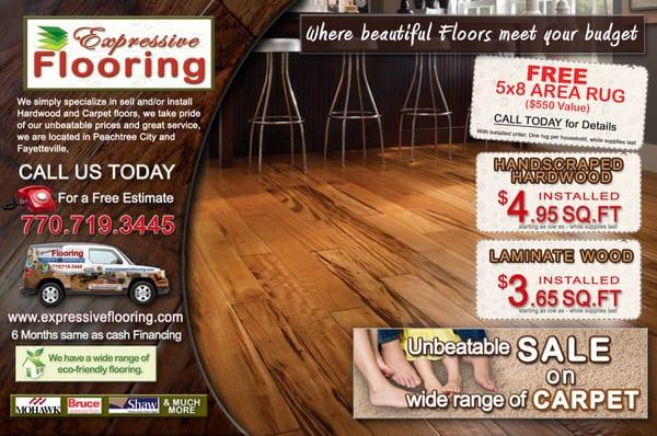 Monthly Specials at Expressive Flooring.
  We do not offer the free area rug anymore.