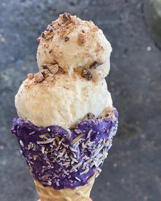 Ube-dipped waffle cone!