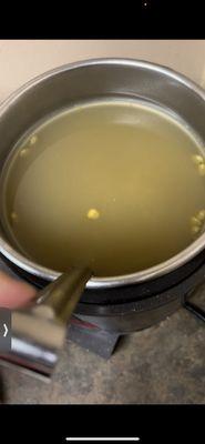 Soup with dish soap residue still in the pot that mixed in with the soup