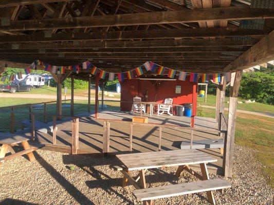 Cornhole boards and huge covered area