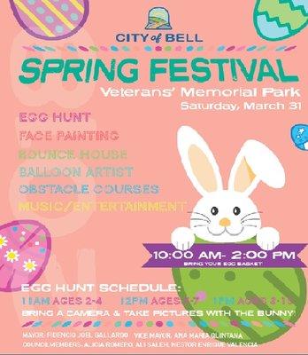 Join us for our Annual Spring Festival on Saturday, March 31th @ Veteran's Memorial Park from 10AM-2PM.