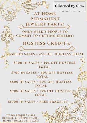 Now offering in-home permanent jewelry parties!!!  Get your best girls together and  enjoy generous hostess specials!! Call or book now!