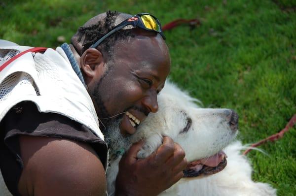 Super Dave at the ball park! He had six dogs plus visiting dogs and people all hanging with him and us.He was a love to everyone