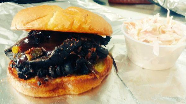 Pulled Portobello Mushroom(Vegeterian) Sandwich with Honeyslaw on the side.