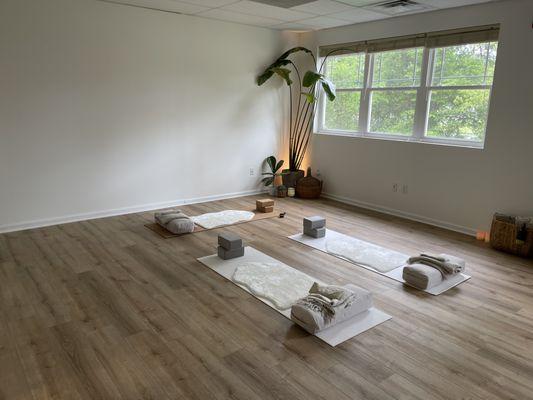 Our sun-drenched movement studio for yoga, stretching, dancing, workshops, events, and MORE!