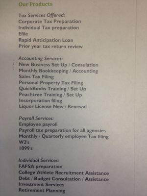 A list of our services offered