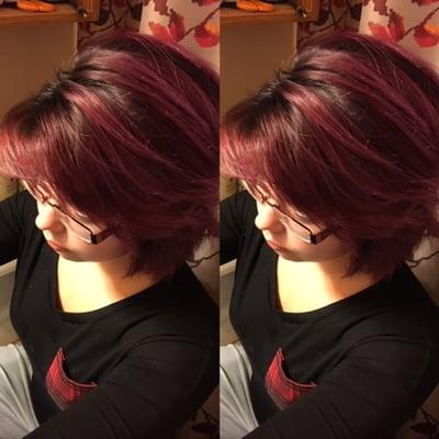 creative color, black shadow root melting into red violet