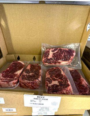 Beef Ribeye Steaks 3 lbs. Each steak individually vacuum sealed. 
We offer bulk/wholesale ordering and pricing.