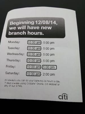 New branch hours starting 12/8/14