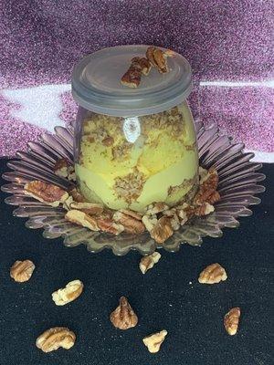 Lemon Pecan.  Pecans are infused in this keepsake jar with lemon cake and cream cheese