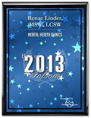 Renae Linder, MSW, LCSW awarded Best of Folsom for Mental Health Clinics 2013