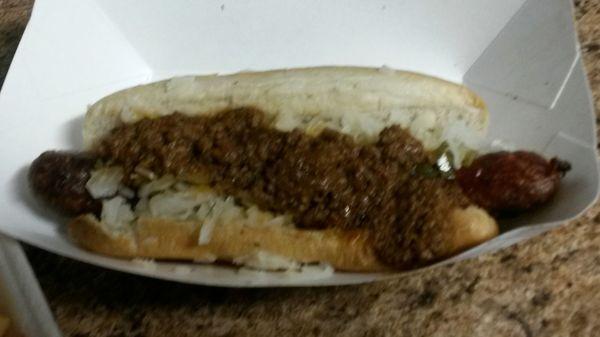 Beef chili sausage dog