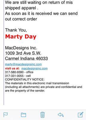 Email stating they would send me the order