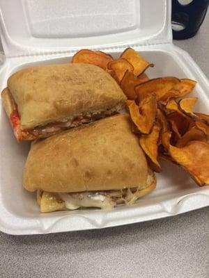 Buffalo melt with sweet potato chips