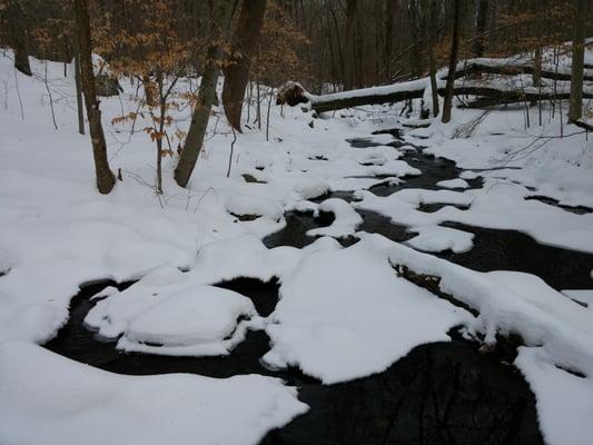 Winter view from footbridge on Byram River near Riverbottom Road at Audubon Center of Greenwich.