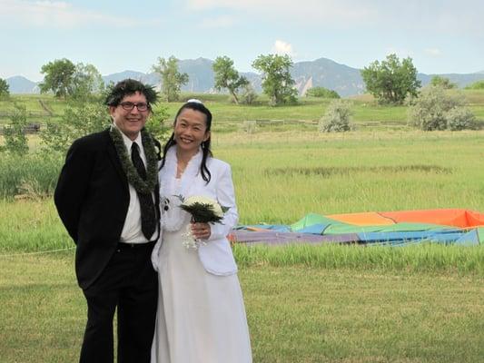 Wedding Hot Air Balloon Flight, Boulder CO. They were married in the Balloon and these were their first steps as husband and wife!