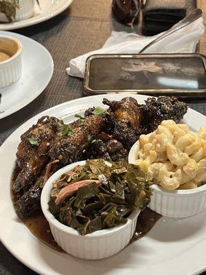 Jerk Wings with collards and Mac & Cheese