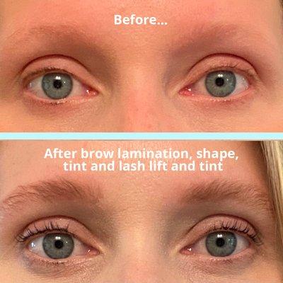 Before and after photos of brow shaping, lamination and tint, plus lash lift and tint. What a difference!