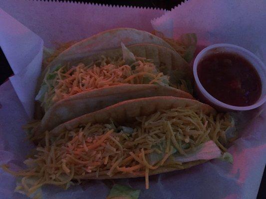 3 beef tacos on fried flour shells for $5