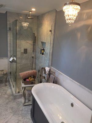 Master bath remodel. Love the Carrara marble + gray combination.