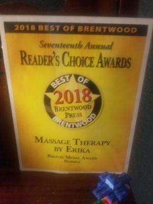 Best of Brentwood  2018
Bronze medal in the massage category 
Brentwood, Ca 2019