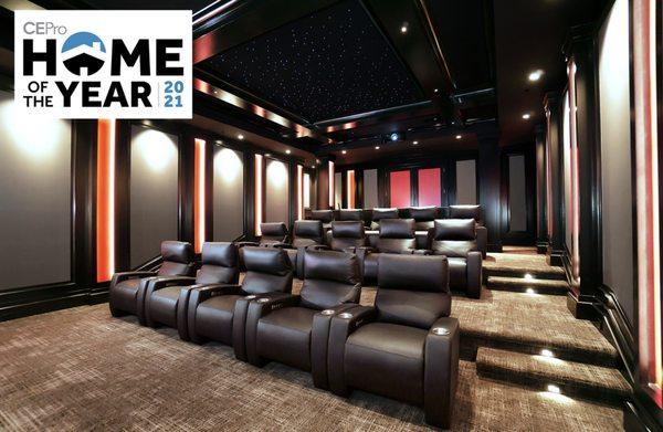 Our Home Theater won CEPro's Home of the Year 2021 for it's custom leather seating, starry night sky, and stunning entertainment technology.