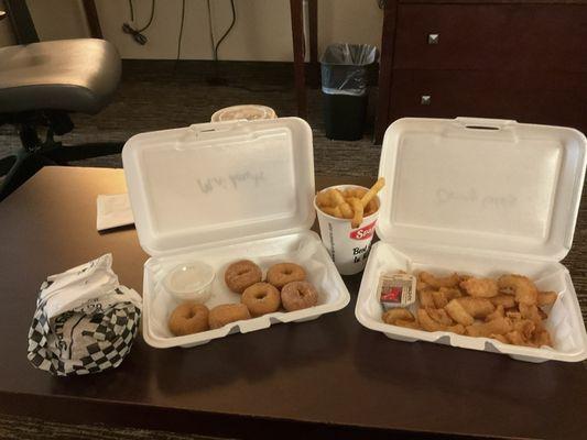 Cheeseburger, donuts, fries, onion ring bites