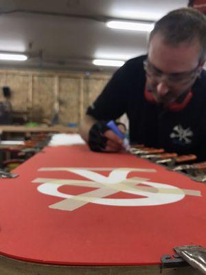 A custom snowboard for our friends at Rainier Brewing getting the handcrafted touch.